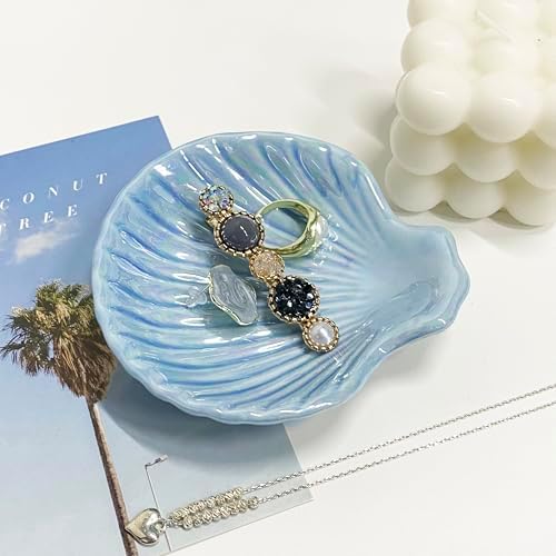 Shell Jewelry Dish Tray for Women, Ceramic Seashell Jewelry Ring Holder Dish, Jewelry Plate Trinket Dish for Necklace, Earring, Ring, Mother's Day Christmas Gift, 3.9", Sky Blue Iridescent Surface - Image 6