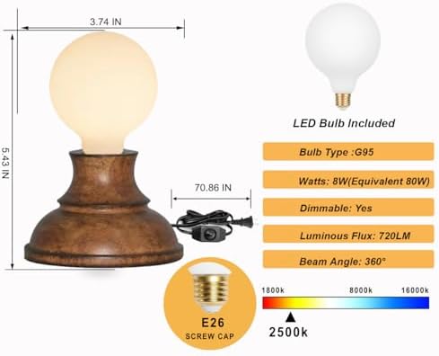 LUXON 5.9"Solid Wood Table Lamp with G30 8W Opal Glass Bulb,Minimalist,Warm - Image 6