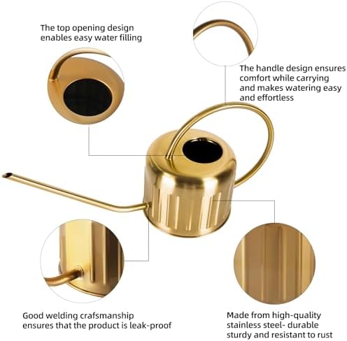 34oz/1L Stainless Steel Watering Can, Rust-Proof Indoor/Outdoor Watering Can for House Plants, Long Spout Water Can for Succulent Bonsai Garden Flowers (Gold Color) - Image 2
