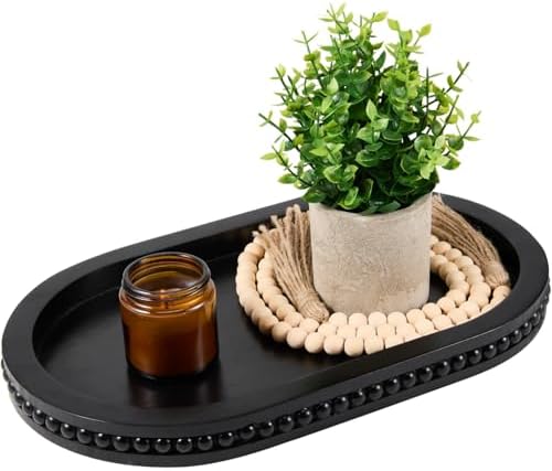 Decorative Oval Black Wood Tray for Coffee Table Home Decor by THORNIA