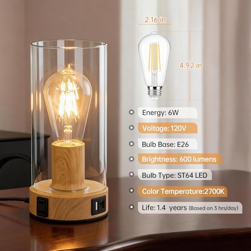 Touch Control Bedside Lamp with Charging Station，Wood Metal Small Lamp - Image 3