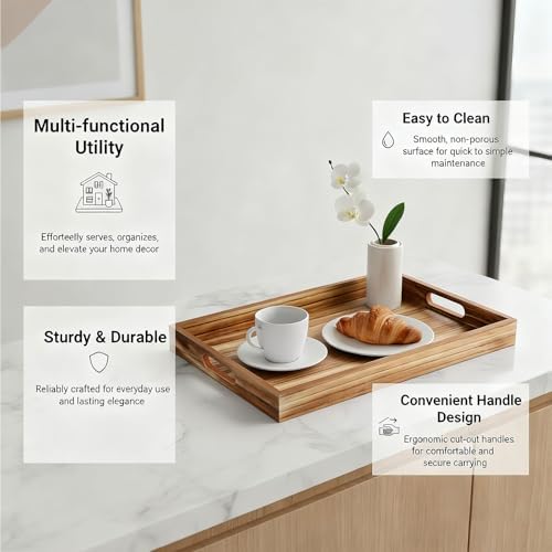 Krismax Wooden Serving Tray with Handles, Rustic Brown Rectangular Serving Platter 15.7x11.4 Inch for Coffee Table, Decorative Storage Tray - Image 5