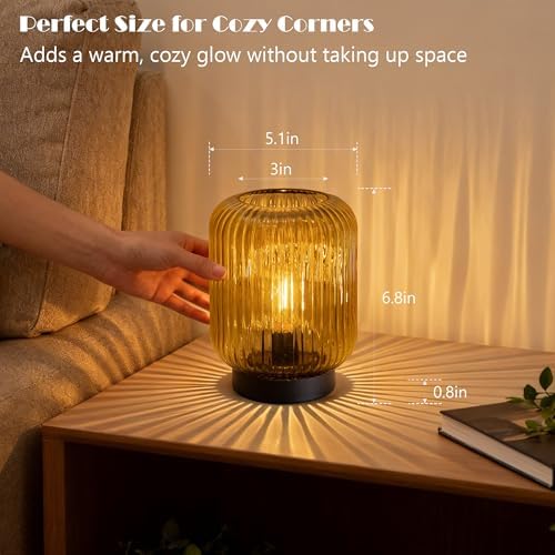 LUSHARBOR Battery Operated Lamp, Cordless Table Lamps for Home Decor, Battery Powered Nightlight with LED Bulb, Decorative Glass Beside Lamp for Bedroom Living Room-Gold - Image 3