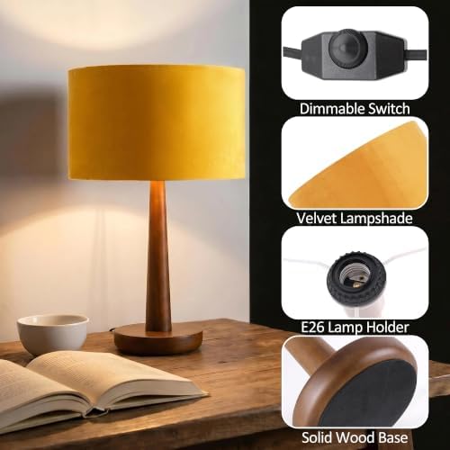 18.5" Modern Dimmable Walnut Wood Table Lamp with Velvet Shade, Orange - Image 3