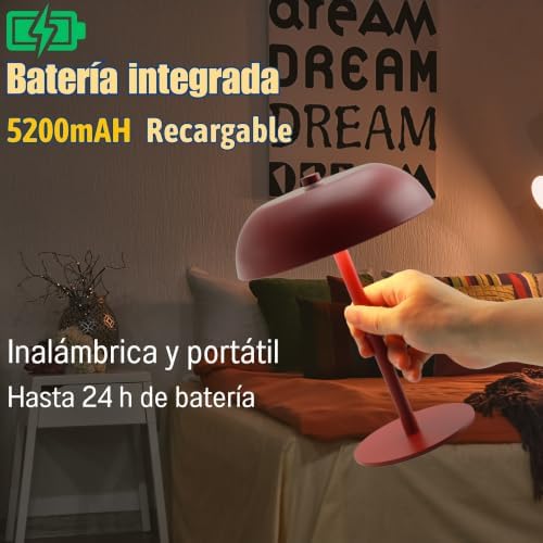 Cordless LED Mushroom Table Lamp, 5200mAh Battery, Dimmable 3 Color, Red - Image 5