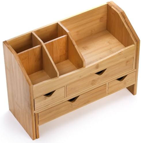 Lawei Bamboo Desk Organizer with Adjustable File Holder, Mini Desk Drawer Tabletop Organization Box with 4 Drawers for Makeup, Letter, Pens, Home Office Supplies, Vanity, 3 Layer, Fully Assembled - Image 4