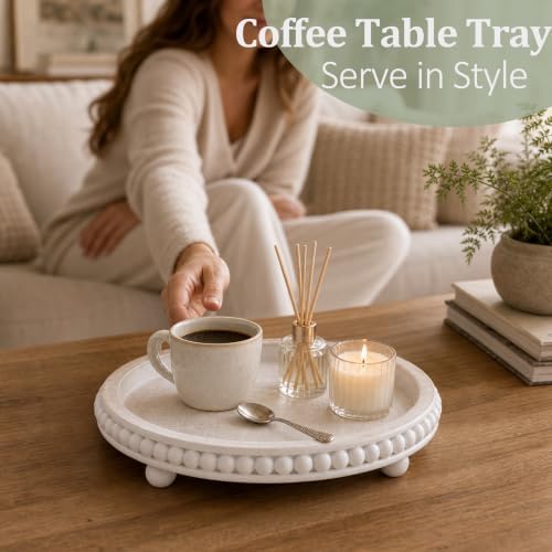 Decorative Coffee Table Tray, 12 Inch White Washed Wooden Beaded Tray with Removable Legs, Rustic Farmhouse Centerpiece Tray for Living Room, Kitchen Counter Decor - Image 4