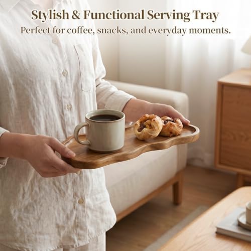 Small Wooden Tray | Acacia Wood Tray for Vanity, Bathroom Counter, Coffee Table & Toilet | Perfect for Jewelry, Remote, Perfumes & Catch All | Mini Charcuterie Board Serving Platter (Footprint Shape) - Image 4