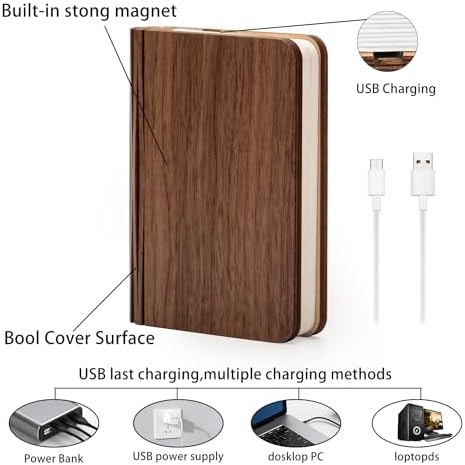 4.7 Inch Wooden Book Lamp, Book Lovers Gifts,Teacher Appreciation Gifts for Women, Folding Book Light, LED Ambient Lighting, Magnetic Mood Lighting for Home&Library Decor (Walnut) - Image 5