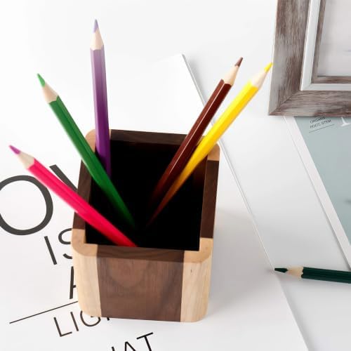 Natural Wood Desk Pen Holder Pencil Organizer Desktop Office Pencils Stand Holder Simple(Maple side walnut center) - Image 4