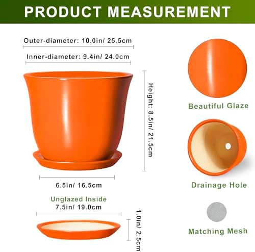 10 Inch Plant Pot - Ceramic Pots for Plants with Drainage Hole and Saucer, Round Planters for Indoor Outdoor Plants, Modern Decorative Planters, Room Home Decor, Gardening Gifts, Orange - Image 2