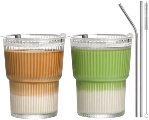 13oz Iced Coffee Cups,2Pcs Glass Cups with Lids and Straws Drinking Glasses,Clear Ribbed Glassware,Reusable Tumbler Glass to Go Cup for Matcha, Iced Tea,Juice by AUFXKOO