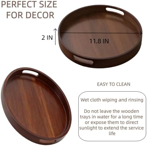 11.8 Inch Rustic Wood Serving Tray with Handles-Small Round, Decorative Tray for Kitchen Living Room Coffee Table Candle Display Breakfast in Bed, Multi-Functional Food & Beverage Tray Farmhouse Style - Image 3