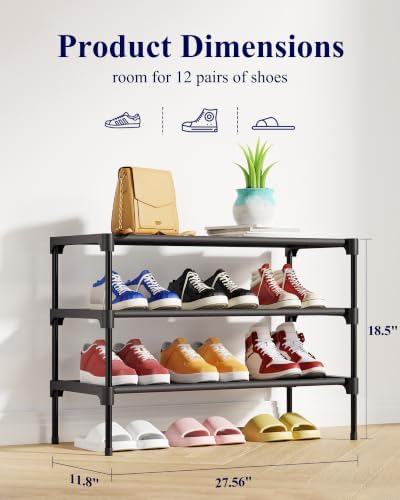 Kitsure Shoe Rack - Non-Woven Shoe Rack Shelf, 27.5" Wide - 3 Tier, Black - Image 3