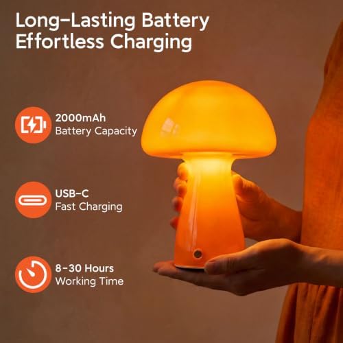 Mushroom Table Lamp, Cordless Table Lamp, Rechargeable & Dimmable, Orange - Image 5