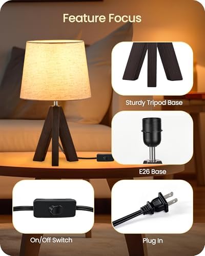 Small Table Lamp for Bedroom, 14.6" Bedside Lamp with Beige Linen Shade & Walnut Wood Tripod Base, Modern Nightstand Lamp for Living Room, Nursery, Entryway, E26 Socket, VE51TL05 - Image 5