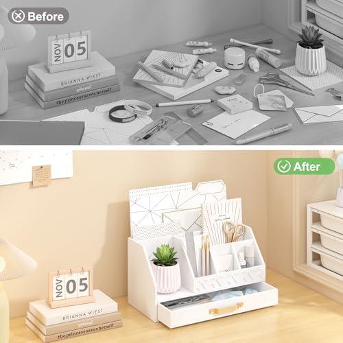 Wisuce Bamboo Mail Organizer Countertop with Drawers, Wooden Desk Organizer File Bill Sorter Storage Box for Desktop Letter Envelope Countertop Holder for Office Home School Organization - Image 3