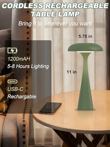 Cordless Mushroom Lamp,Green Small Table Lamp,Vintage Aesthetic Lamp - Image 5