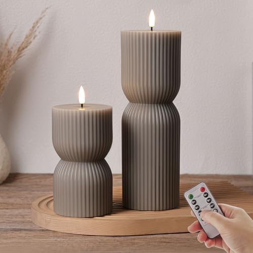 Taupe Ribbed Flameless Pillar Candles with Remote Set of 2 by Girimax