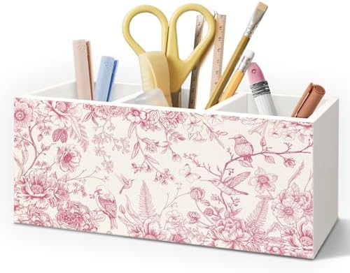 Chinoiserie Floarl Pen Holder for Home Office Desk, Vintage Home Decor, Chinoiserie Blue and White Floral Birds Makeup Brush Toothbrush Holder Organizer for Bathroom Desk Accessories(Pink) by Unknown