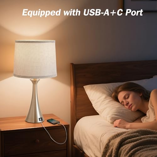 Touch Table Lamps Set of 2, 21" Bedside Lamps with USB C+A, Silver - Image 5