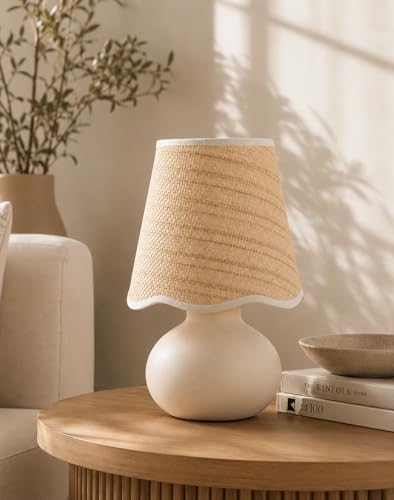 11" Small Mini Boho Table Lamp – Handmade Ceramic Cream Base with Scallop Woven Rattan Shade, Dimmable Plug-In Accent Light for Bedroom, Nightstand, Small Spaces, Kitchen Counter, Bookshelf - Image 6