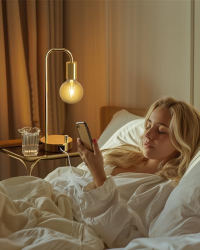 ONEWISH Industrial Table Lamp with 2 USB Port, Stepless Dimmable Nightstand Bedside Lamps for Bedroom,Desk Lamps with 2700K Gold Gradient Bulb for Reading Living Room - Image 6