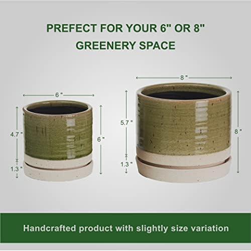 HERDUK 6 + 8 Inch Plant Pots, Ceramic Planter Pot with Drainage Hole & Saucer, Indoor/Outdoor Cylinder Round Planter Pot, Green - Image 4