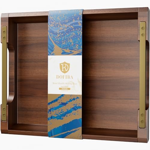 Acacia Wood Serving Tray with Metal Handles, 17x13in Large Ottoman Tray, Food Drinks Tray for Coffee Table, Breakfast, Dinner & Bar, Rustic Decorative Tray for Kitchen, Bedroom Gift Box by Dofira