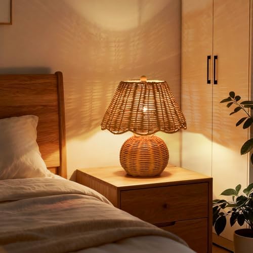 Rattan Small Bedside Mini Table Lamp for Bedroom, Boho Bedroom Lamps for Nightstand, Wicker Mini Table Lamps for Small Spaces with Scalloped Shade for Kitchen Counter, Bookshelf, Kids Dorm, Office - Image 6