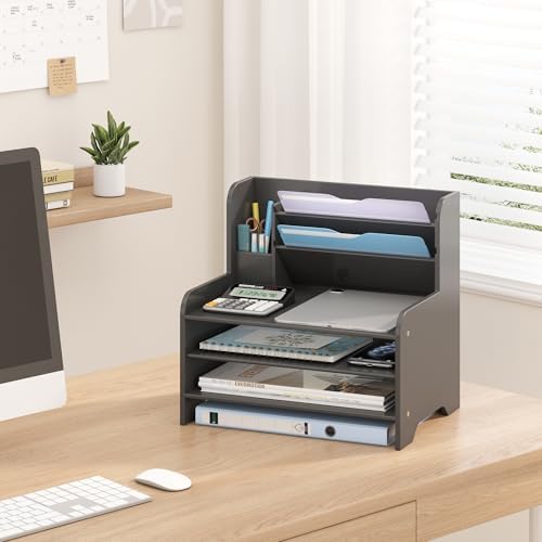 Bamboo File Organizer for Desk, Paper Tray with Pen Holder - Image 4