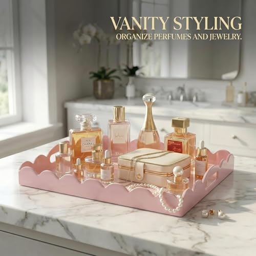 Gesodant Scalloped Glossy Plastic Lacquer Decorative Tray, 15.7 x 11.8 Inch Rectangle Serving Tray with Handles for Coffee Table, Ottoman, Bedroom Vanity, Living Room Centerpiece (Rectangle Pink) - Image 6