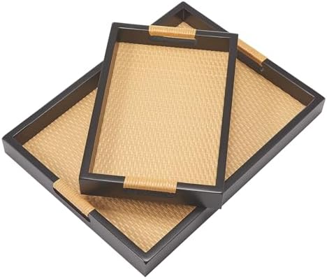 Wood Serving Tray with Handles Set of 2，Rectangle Decorative Tray by HuiDao