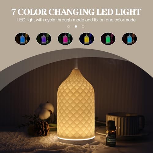 Essential Oil Diffuser for Home, Ceramic Aromatherapy Diffuser for Essential Oils, 120ml Oil Diffuser with Waterless Auto-Off and 7 LED Lights for Large Room Yoga Spa (White) - Image 4