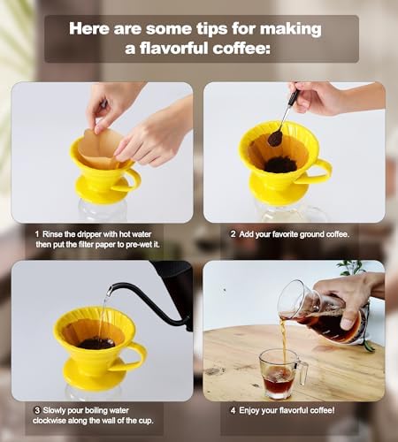 Pour Over Coffee Dripper - Ceramic Cup, Pour Over Coffee Maker Cone, Porcelain Cone, Easy Manual Brew Maker - Strong Flavor Brewer for Home, Cafe, Office - 1-4Cup, V60 Size 02 (Bright Yellow) - Image 6