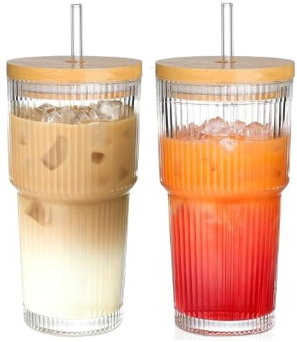 20oz Ribbed Glass Tumblers with Lids and Straws, 2 PCS Iced Coffee Cups,Glass Coffee Cups with Bamboo Lid,Vintage Glassware for Whiskey Cocktail Beer by AFINSEA