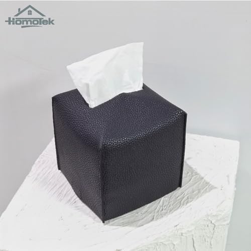 HOMOTEK 2 Pack Tissue Box Cover, Square PU Leather Tissue Holder, Decorative Facial Tissue Cube Paper Organizer Dispenser for Bathroom, Night Stands, Desk, Car 5X5X5'' - Matte Black, Pebble Grain - Image 3