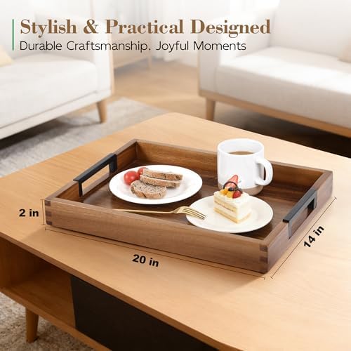Large Ottoman Tray for Living Room and Coffee Table, Decorative Acacia Wood Serving Tray with Metal Handles for Breakfast in Bed, Dinner Food Kitchen TV (Natural, 20" x 14" x 2") - Image 2