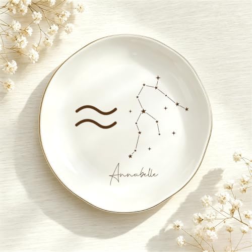 Personalized Zodiac Sign Ceramic Jewelry Dish Custom Name, Constellation Gold Rim Ring Trinket Tray, Custom Monogram Dish for Women Bridesmaid, Birthday Christmas Astrology Gift by Unknown