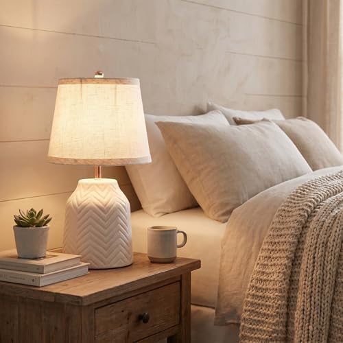 SOTTAE 14'' White Ceramic Table Lamp with Linen Fabric Shade, Leaf Patterned Ceramic Desk Lamp, Mid Century Modern Bedside Nightstand Lamp for Bedroom Living Room Reading Room - Image 3