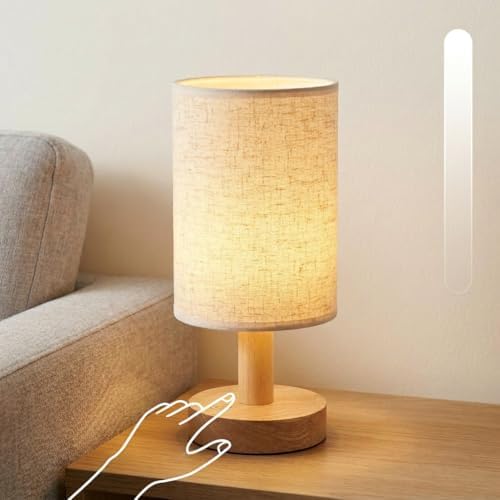 Small Cordless Rechargeable Table Lamp, Touch Control Dimmable 2700K Warm Light, Natural Wood Base Linen Shade for Bedroom Dorm Nightstand by PuziphaTableLamp