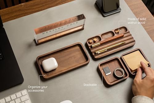 MUUJEE Wooden Desk Organization 5 Piece Set with Name Block - Personalized Acrylic Name Plaque with Wood Base and Desk Accessories Work Professional Office Gift Teacher Dad Organizer - Image 3