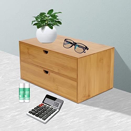 Bamboo Desk Organizer Small Retro Bamboo Tabletop Storage Box with Drawers& Recess Handles for Office Home Supplies Table Storage Collector 13 * 7.5 * 6in (2 Drawers) - Image 4