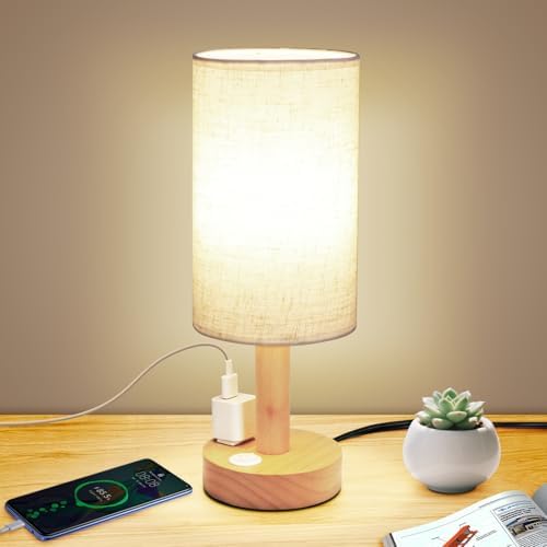 Small Bedside Table Lamp with AC Outlet,Natural Round Wood Base&Fabric Linen Shade,Cozy Night Table Light for Study Reading,Minimalist Boho Desk Lamp for Nightstand,Living Room,Nursery,Kitchen,Dorm by SEENSINY