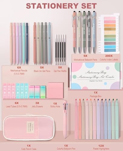 56 PCS Aesthetic School Supplies with Large Pencil Case, 5 Inspirational Ballpoint Pens, 12 Pastel Highlighters, 5 Black Ink Gel Pens, 6 Mechanical Pencils 0.5-0.7mm College Student Essentials (Pink) - Image 2