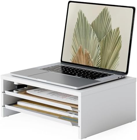 Fenge 14.3-Inch Monitor Stand with Slide-Out Trays, Wood & Metal Desk Shelf by Fenge