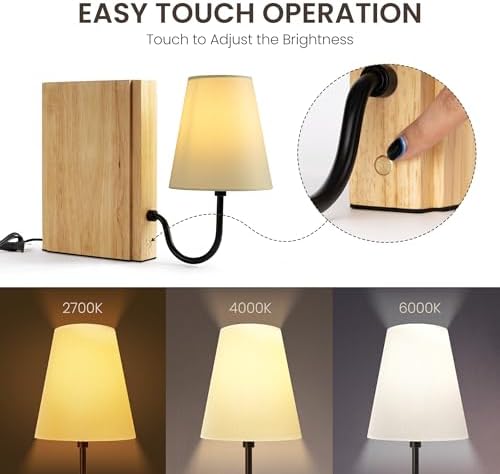 AELS Solid Wood Bookshelf Lamp with Bulb, 3-Color Touch Control Dimmable Table Lamp with Linen Shade, Modern Decorative Bookend Lamp for Bedroom, Office & Bookshelf Decor, Natural - Image 3