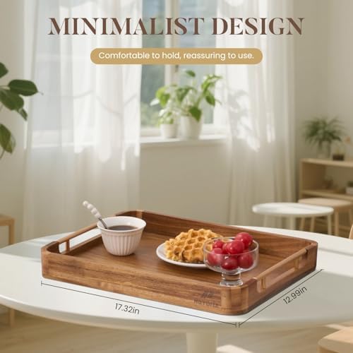Acacia Wood Serving Tray with Handles - 17'' x 13'' Round, Decorative Ottoman Trays for Breakfast, Home Decor, Tea Party, Coffee Table, Candle Display, Kitchen Counter Board (Rectangular Wood Tray) - Image 2