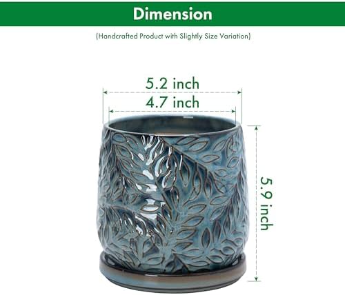 D'vine Dev Embossed Leaves Ceramic Planter, 5 in, Ocean Teal, 27-A-V-8 - Image 3