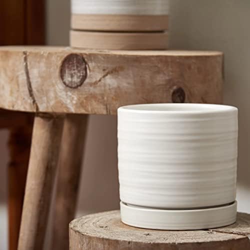 HERDUK 6 Inch Plant Pots, Ceramic Planter Pot with Drainage Hole & Saucer, Indoor/Outdoor Cylinder Round Planter Pot, Matte White - Image 5